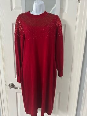 Nina Leonard Red Long-Sleeve Sequin Yoke Knit Dress